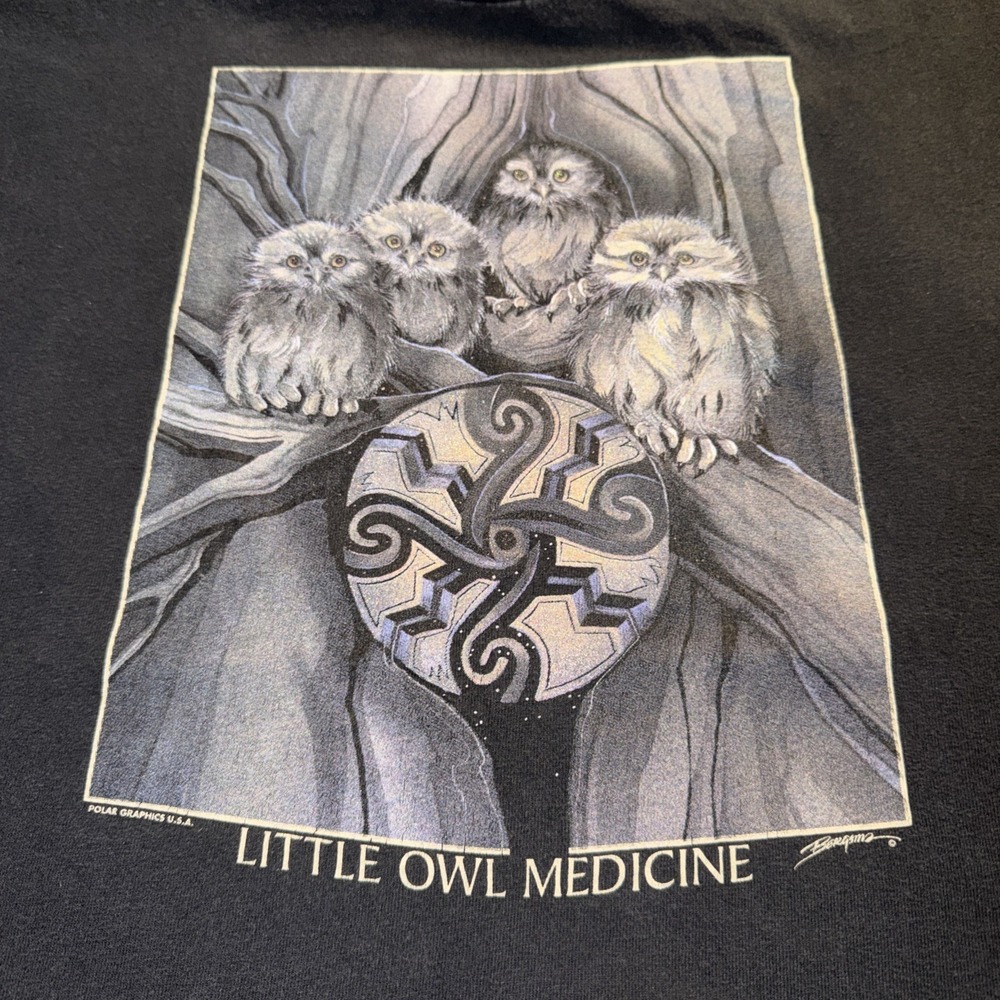 Vintage 90s Owl Nature T Shirt Black Heavyweight Size L Polar Graphics USA